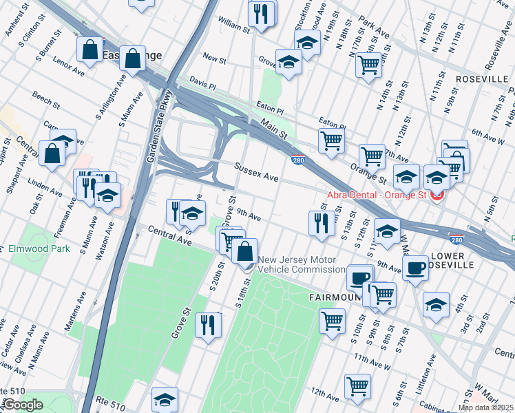map of restaurants, bars, coffee shops, grocery stores, and more near 96 Hollywood Avenue in East Orange
