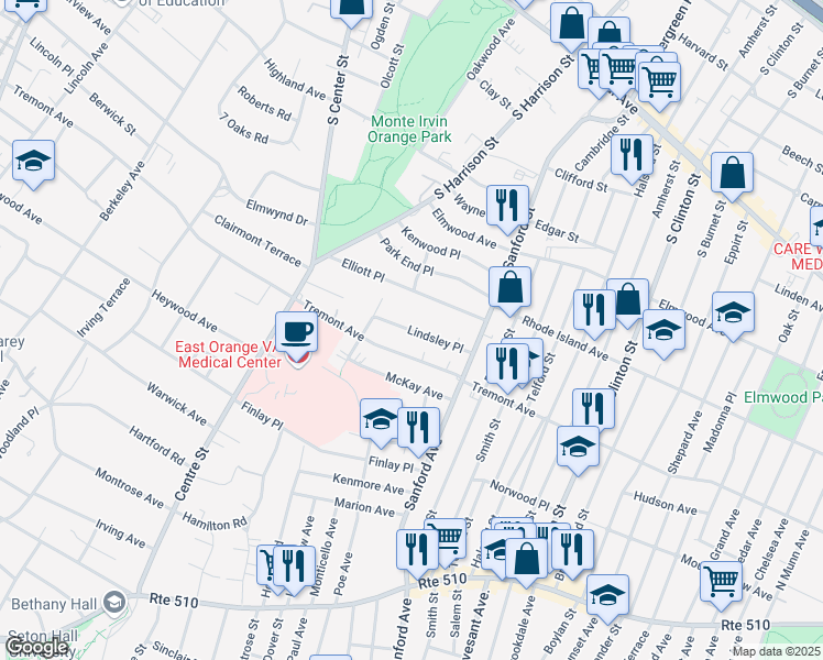 map of restaurants, bars, coffee shops, grocery stores, and more near 59 Lindsley Place in East Orange