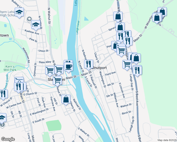 map of restaurants, bars, coffee shops, grocery stores, and more near 103 Main Street in Walnutport
