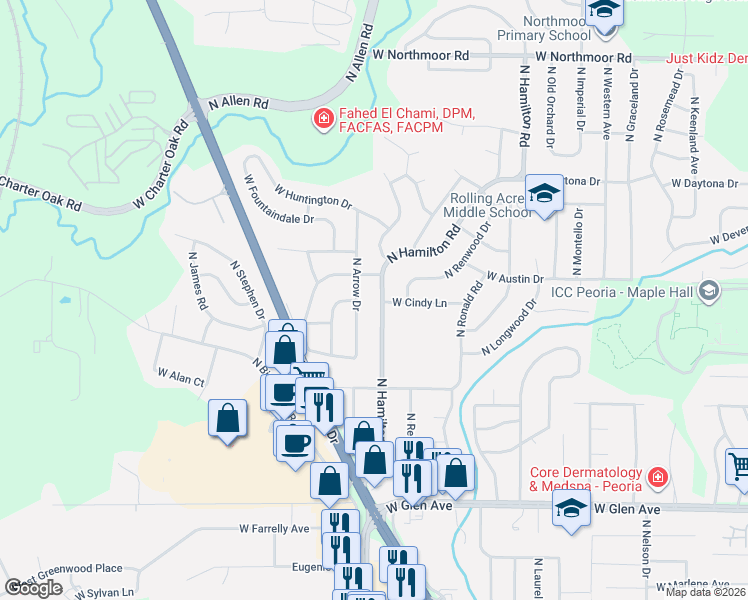 map of restaurants, bars, coffee shops, grocery stores, and more near 5200-5398 North Hamilton Road in Peoria