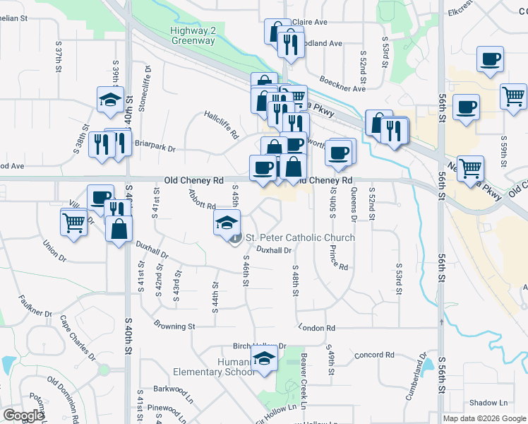 map of restaurants, bars, coffee shops, grocery stores, and more near 4631 Old Cheney Road in Lincoln