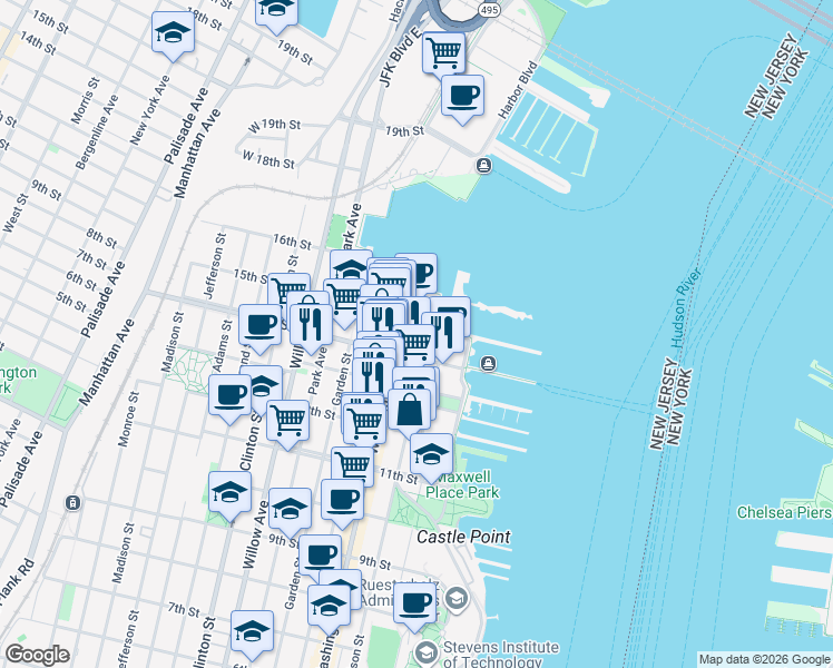 map of restaurants, bars, coffee shops, grocery stores, and more near 1400 Hudson Street in Hoboken