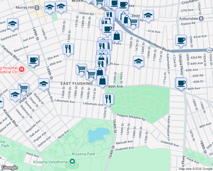 map of restaurants, bars, coffee shops, grocery stores, and more near 45-86 163rd Street in Queens