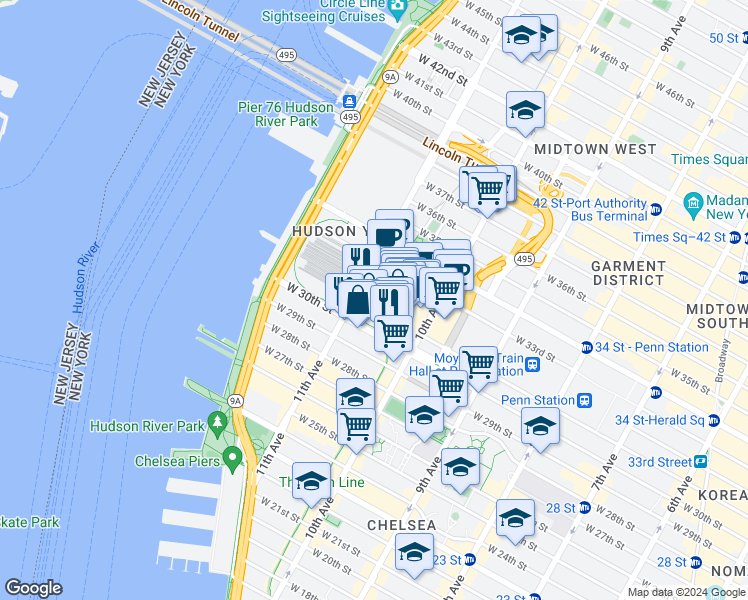 map of restaurants, bars, coffee shops, grocery stores, and more near 20 Hudson Yards in New York