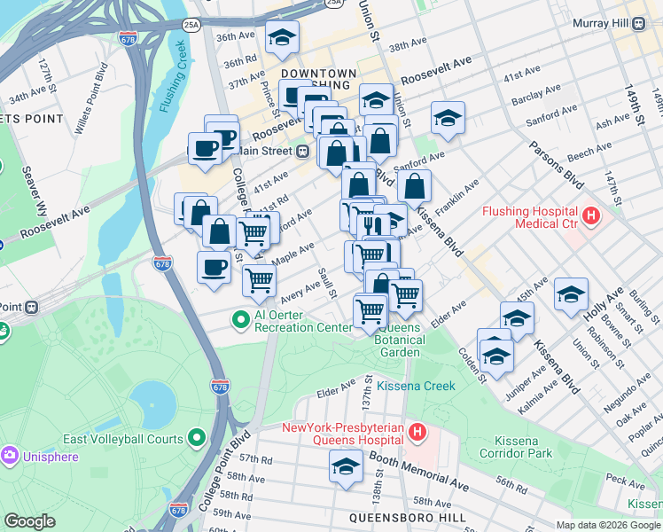 map of restaurants, bars, coffee shops, grocery stores, and more near 134-11 Franklin Avenue in Queens