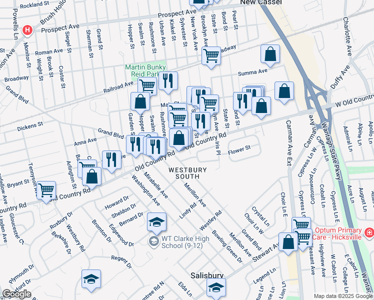 map of restaurants, bars, coffee shops, grocery stores, and more near 2521 Aster Place North in Westbury