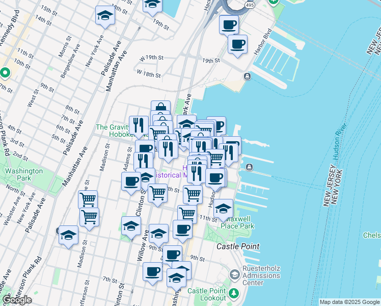 map of restaurants, bars, coffee shops, grocery stores, and more near 1425 Garden Street in Hoboken