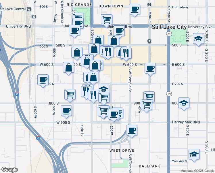 map of restaurants, bars, coffee shops, grocery stores, and more near 725 South 200 West in Salt Lake City