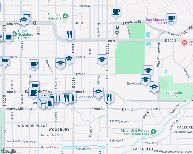 map of restaurants, bars, coffee shops, grocery stores, and more near 1228 East 700 South in Salt Lake City