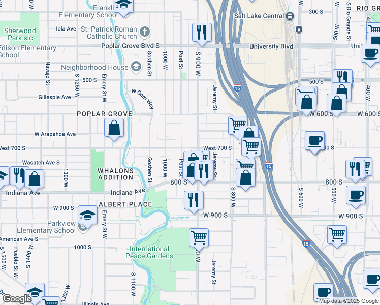 map of restaurants, bars, coffee shops, grocery stores, and more near 719 Post Street in Salt Lake City