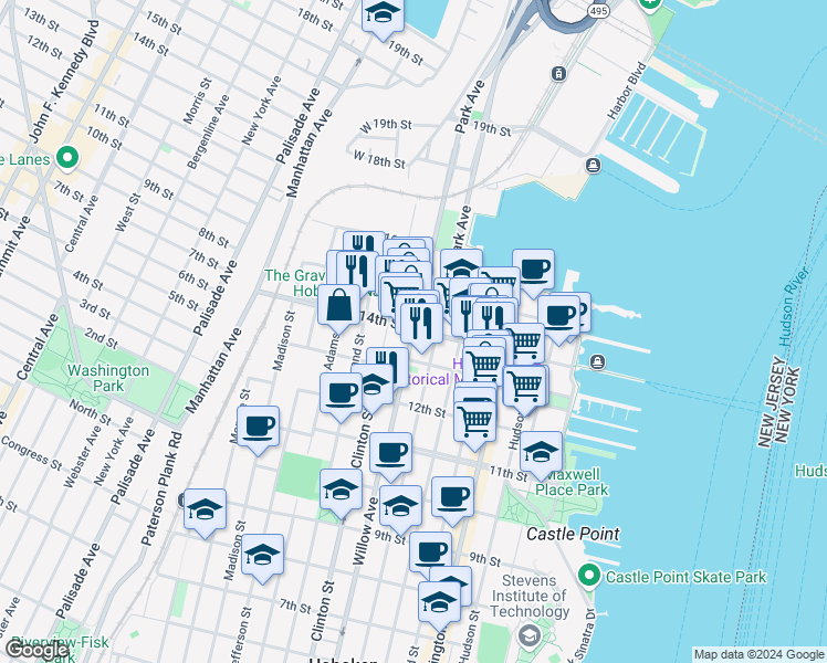 map of restaurants, bars, coffee shops, grocery stores, and more near 14th Street in Hoboken