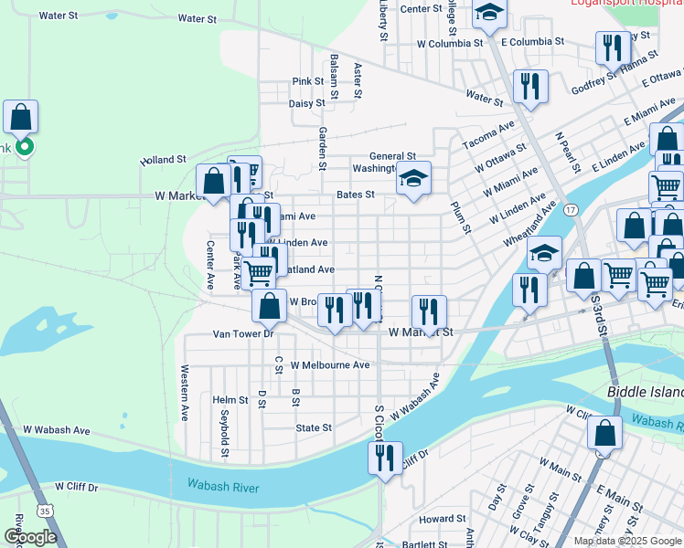 map of restaurants, bars, coffee shops, grocery stores, and more near 717 Wheatland Avenue in Logansport