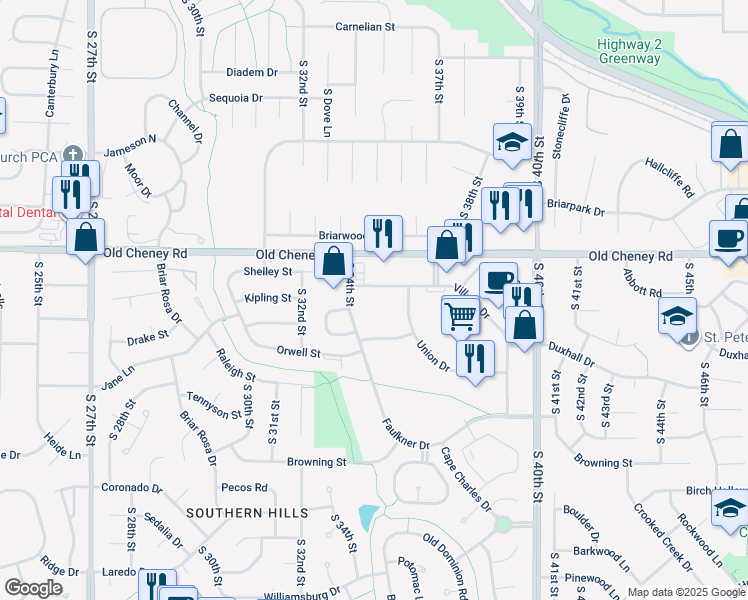 map of restaurants, bars, coffee shops, grocery stores, and more near 3401 Village Drive in Lincoln