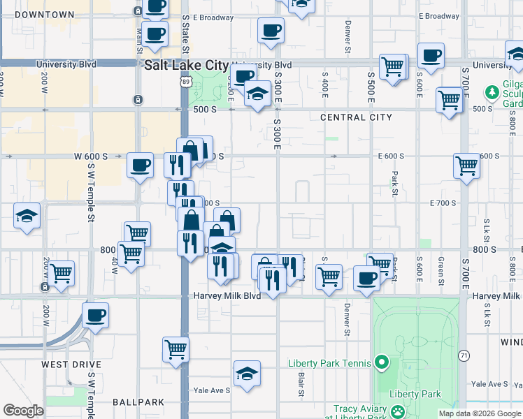 map of restaurants, bars, coffee shops, grocery stores, and more near 721 Laconia Court in Salt Lake City
