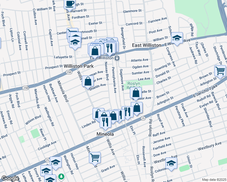 map of restaurants, bars, coffee shops, grocery stores, and more near 410 Pennsylvania Avenue in Mineola