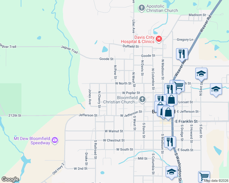 map of restaurants, bars, coffee shops, grocery stores, and more near 601-699 West Poplar Street in Bloomfield