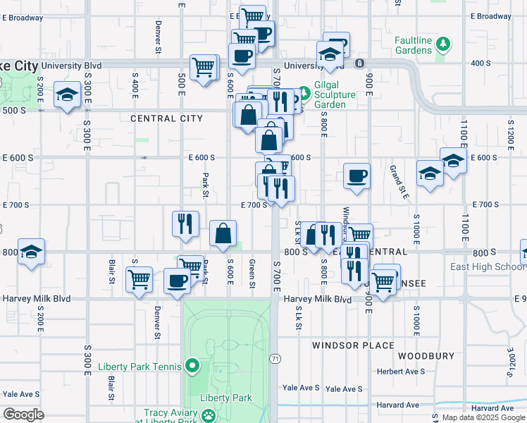 map of restaurants, bars, coffee shops, grocery stores, and more near 682 East 700 South in Salt Lake City