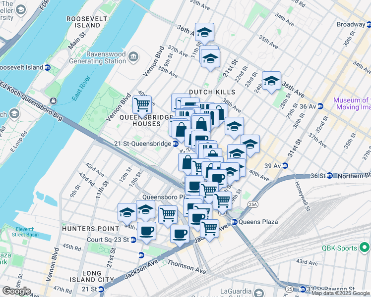 map of restaurants, bars, coffee shops, grocery stores, and more near 22-07 41st Avenue in Queens