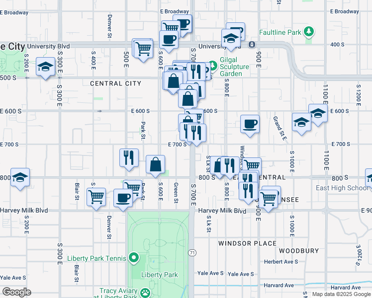 map of restaurants, bars, coffee shops, grocery stores, and more near 688 700 South in Salt Lake City