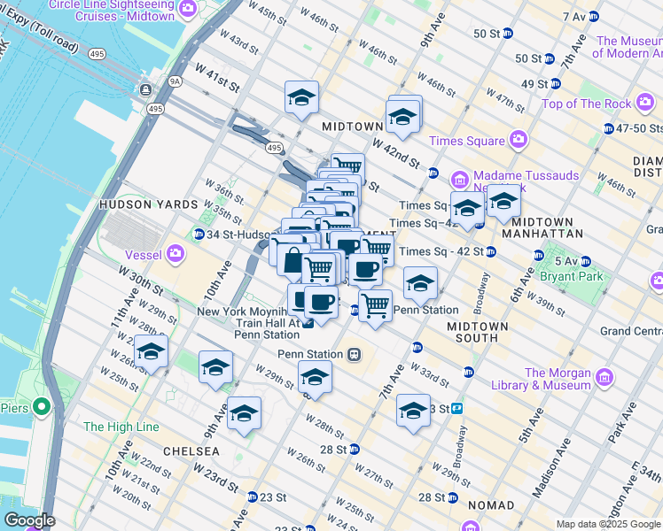 map of restaurants, bars, coffee shops, grocery stores, and more near 345 West 35th Street in New York