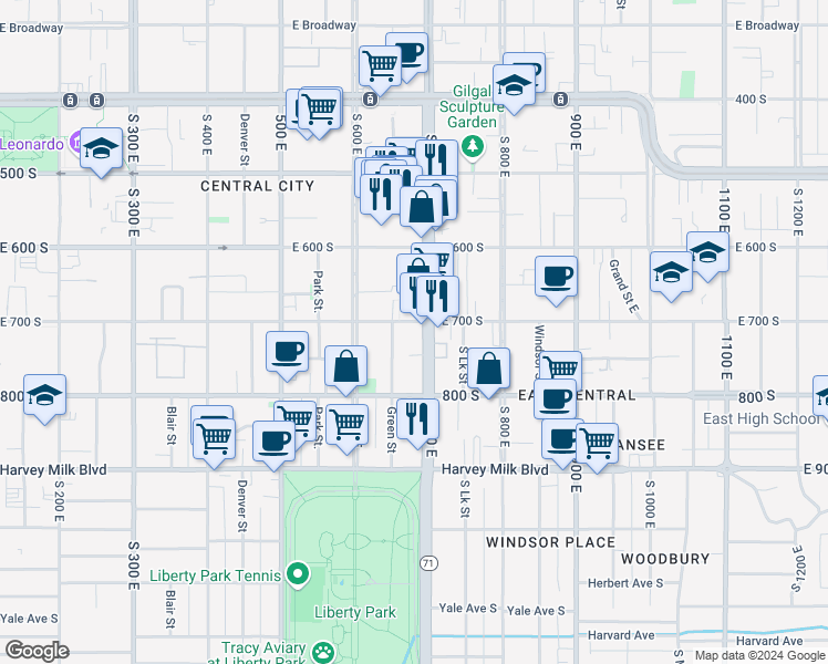 map of restaurants, bars, coffee shops, grocery stores, and more near 688 700 South in Salt Lake City