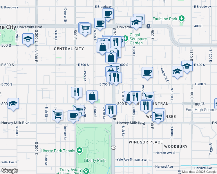 map of restaurants, bars, coffee shops, grocery stores, and more near 682 East 700 South in Salt Lake City