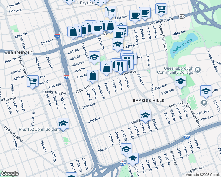 map of restaurants, bars, coffee shops, grocery stores, and more near 48-49 210th Street in Queens