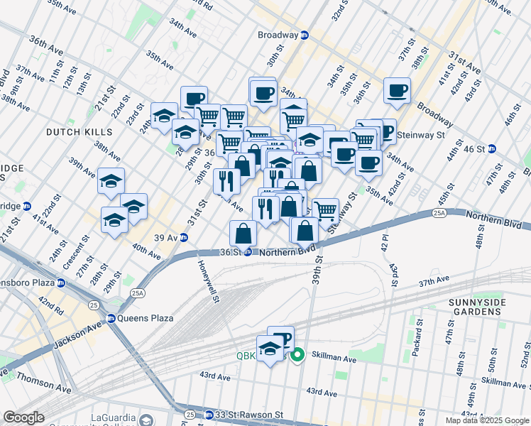 map of restaurants, bars, coffee shops, grocery stores, and more near 36-61 35th Street in Queens
