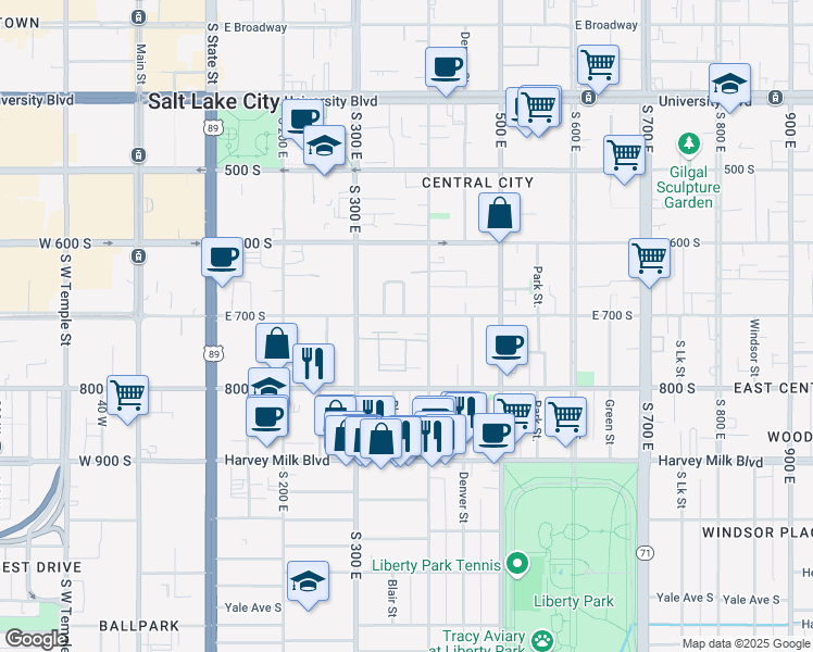 map of restaurants, bars, coffee shops, grocery stores, and more near 360 East 700 South in Salt Lake City