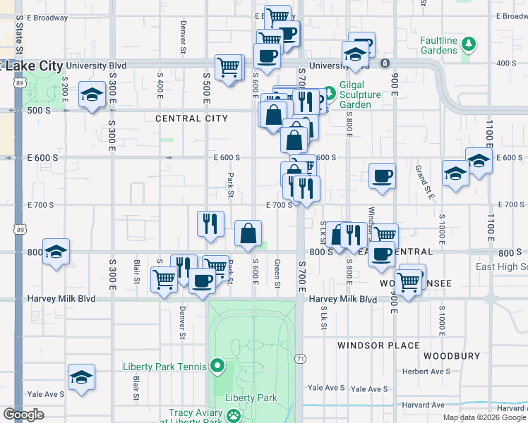 map of restaurants, bars, coffee shops, grocery stores, and more near 726 Green Street in Salt Lake City