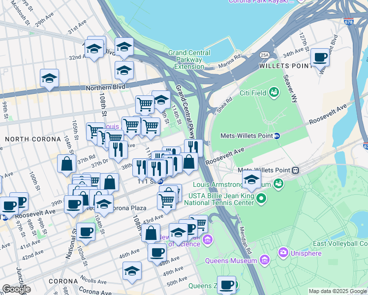 map of restaurants, bars, coffee shops, grocery stores, and more near 112-31 39th Avenue in Queens
