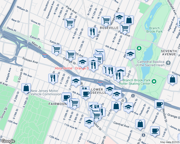 map of restaurants, bars, coffee shops, grocery stores, and more near 48 Myrtle Avenue in Newark
