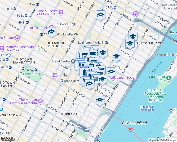 map of restaurants, bars, coffee shops, grocery stores, and more near 750 3rd Avenue in New York