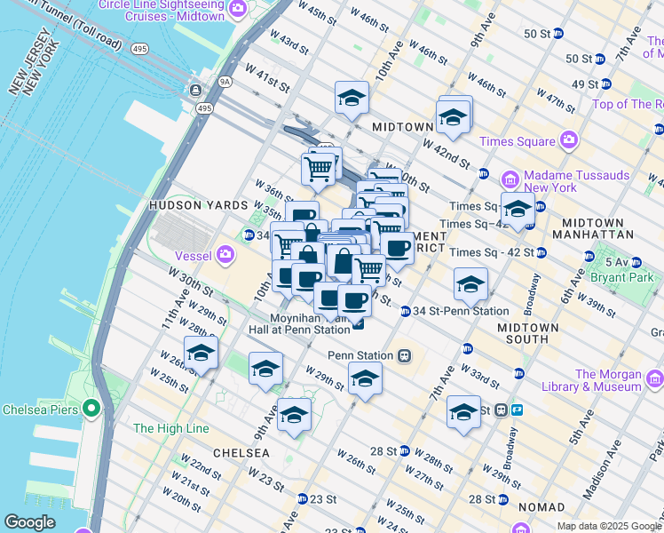map of restaurants, bars, coffee shops, grocery stores, and more near 417 West 34th Street in New York