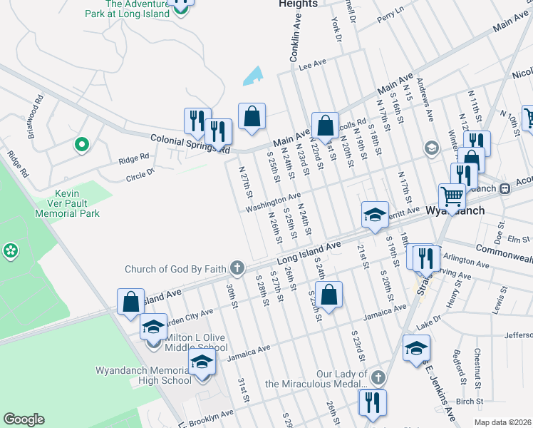 map of restaurants, bars, coffee shops, grocery stores, and more near 152 North 27th Street in Wyandanch