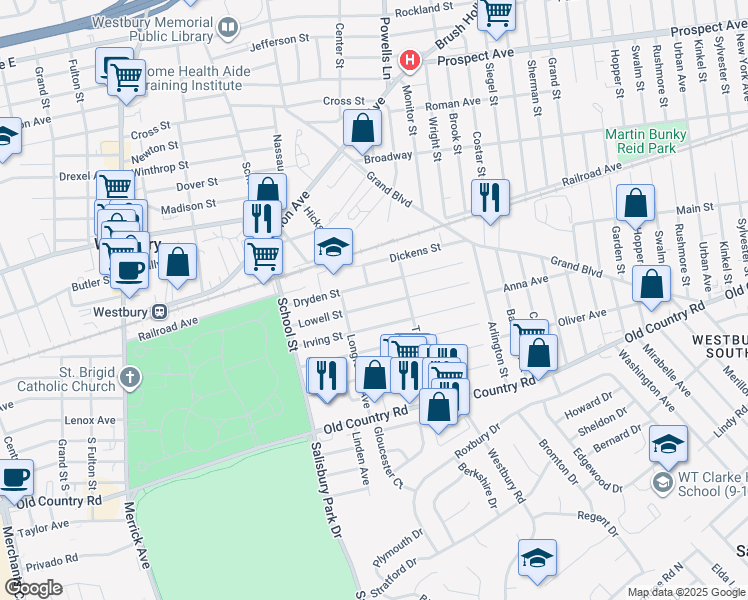 map of restaurants, bars, coffee shops, grocery stores, and more near 583 Lowell Street in Westbury