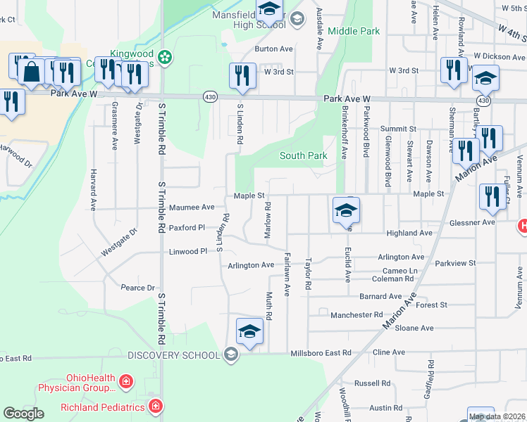 map of restaurants, bars, coffee shops, grocery stores, and more near 203 Marlow Road in Mansfield