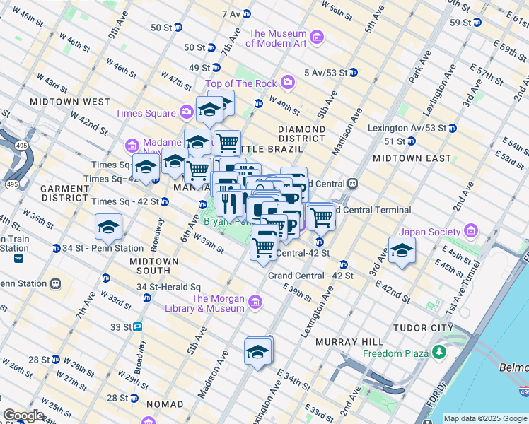 map of restaurants, bars, coffee shops, grocery stores, and more near 500 5th Avenue in New York