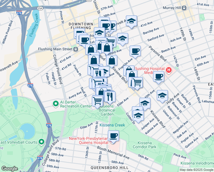 map of restaurants, bars, coffee shops, grocery stores, and more near 42-55 Colden Street in Queens