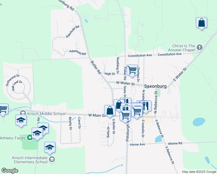 map of restaurants, bars, coffee shops, grocery stores, and more near 180 Butler Street in Saxonburg