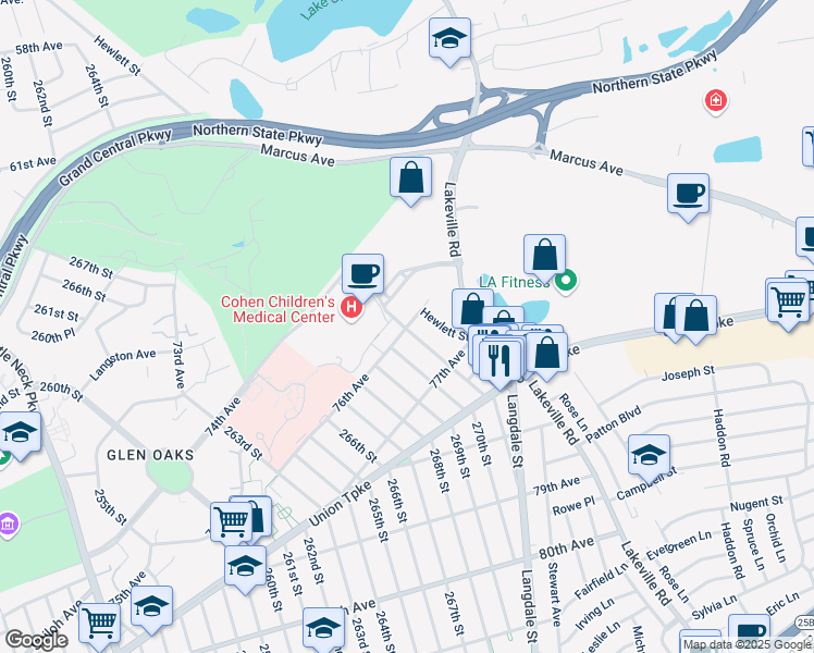 map of restaurants, bars, coffee shops, grocery stores, and more near 271-5 76th Avenue in Queens