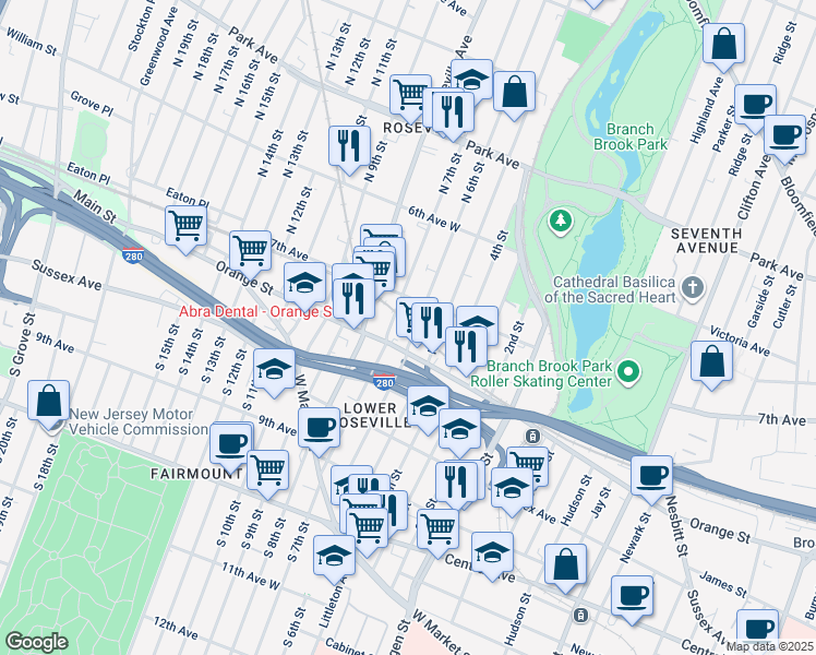 map of restaurants, bars, coffee shops, grocery stores, and more near 154 North 6th Street in Newark