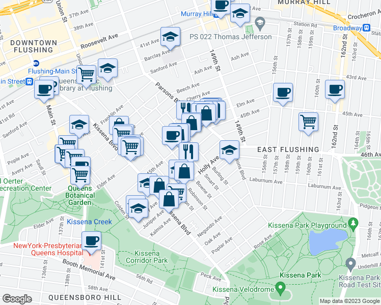 map of restaurants, bars, coffee shops, grocery stores, and more near 45-23 Smart Street in Queens