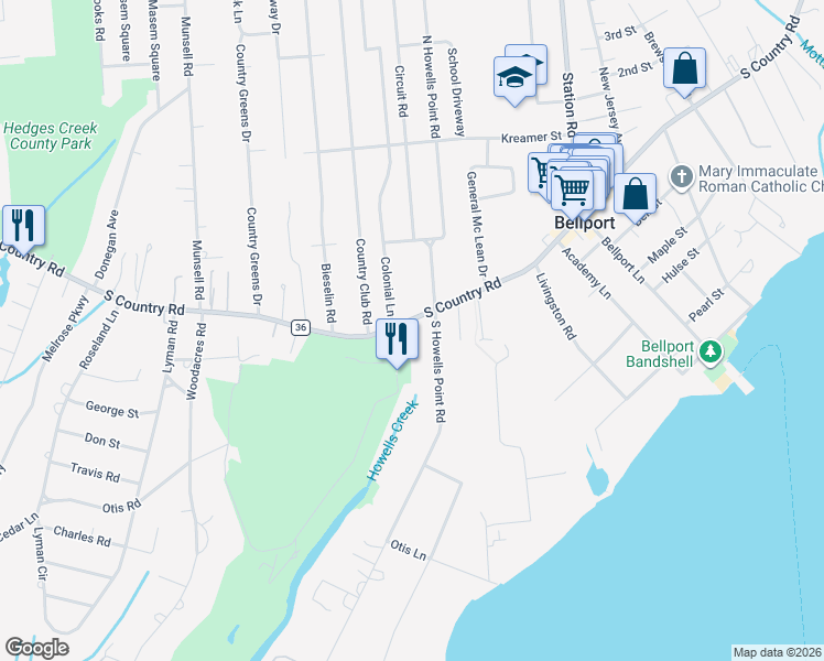 map of restaurants, bars, coffee shops, grocery stores, and more near 52 South Country Road in Bellport