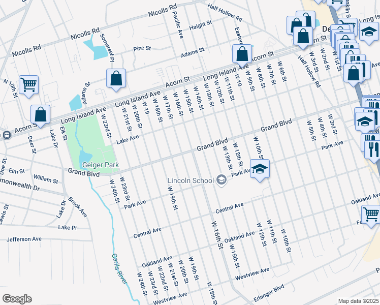 map of restaurants, bars, coffee shops, grocery stores, and more near 115 A West 17th Street in Deer Park