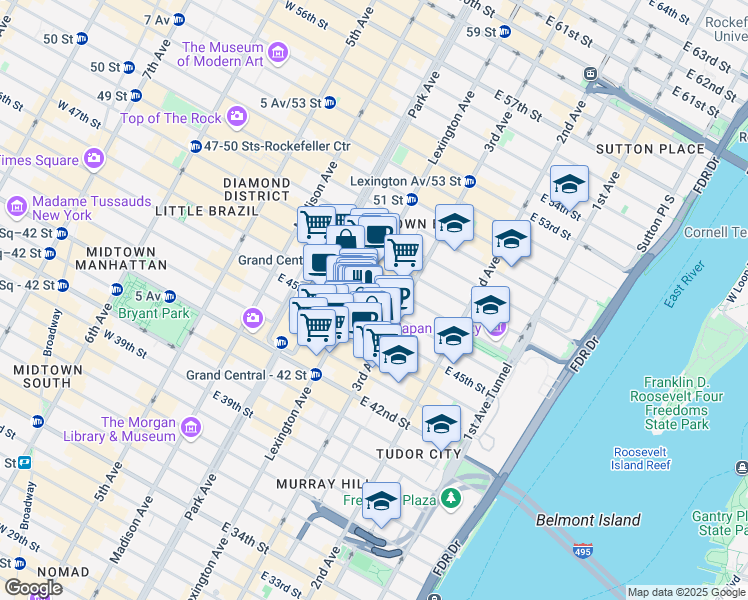 map of restaurants, bars, coffee shops, grocery stores, and more near 135 East 46th Street in New York