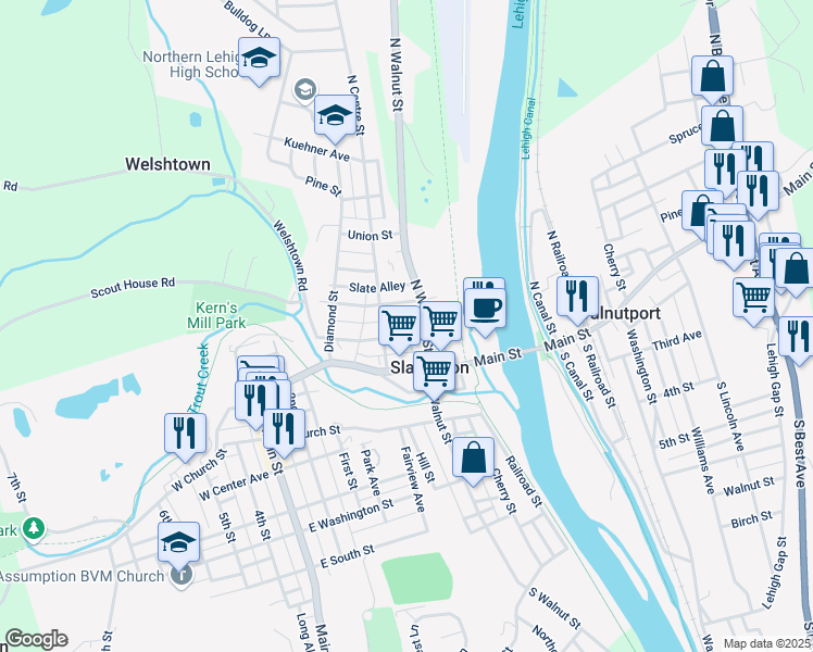 map of restaurants, bars, coffee shops, grocery stores, and more near 219 Chestnut Street in Slatington