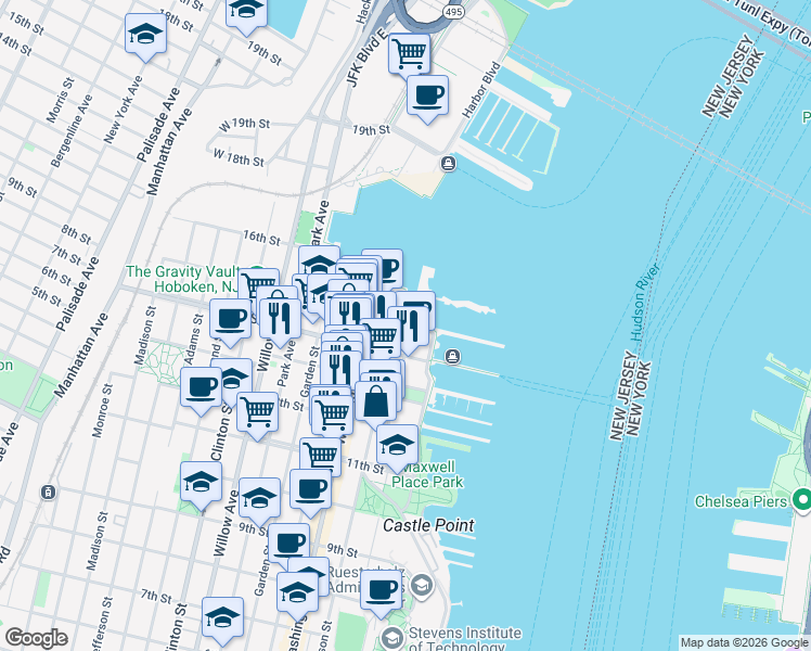 map of restaurants, bars, coffee shops, grocery stores, and more near 1400 Hudson Street in Hoboken