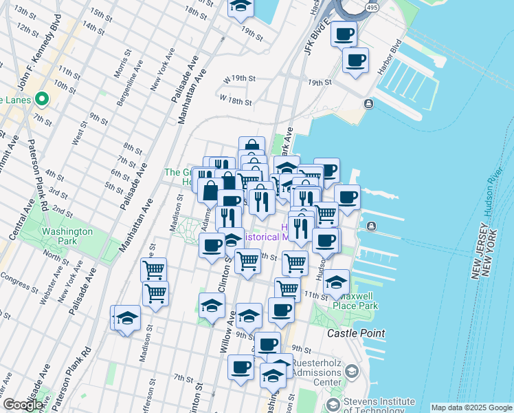 map of restaurants, bars, coffee shops, grocery stores, and more near 1327 Willow Avenue in Hoboken