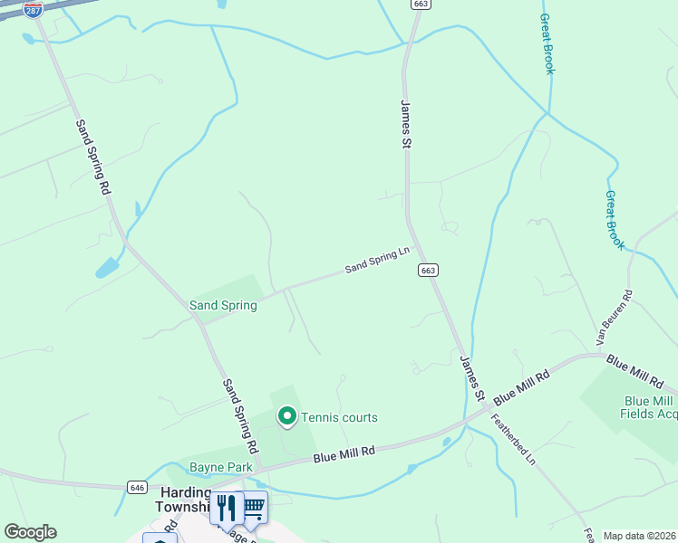 map of restaurants, bars, coffee shops, grocery stores, and more near 34 Sand Spring Lane in Morristown